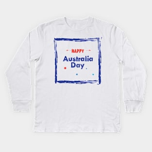 Happy Australia Day 26th January inscription poster with Calligraphy lettering, Australian Flag, Australia Map, stars and fireworks. Patriotic National Holiday Festive Poster for gifts and clothing design. Kids Long Sleeve T-Shirt